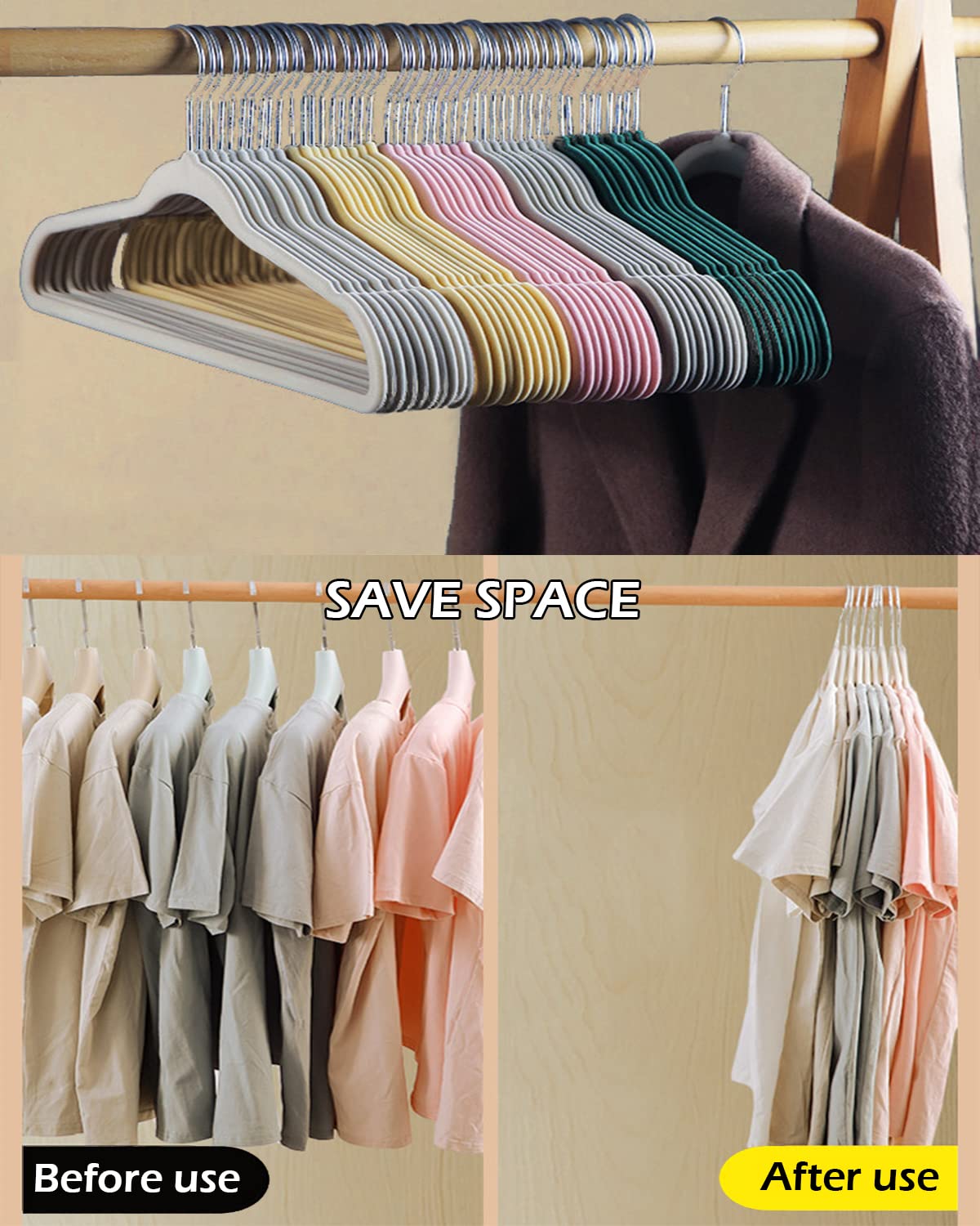 Rutschfeste Samt-Kleiderbügel mit 360-Grad-Drehgelenk, platzsparendes Design und Schnittkerben, für Mantel, Hose, Hemd, Camisole Beige