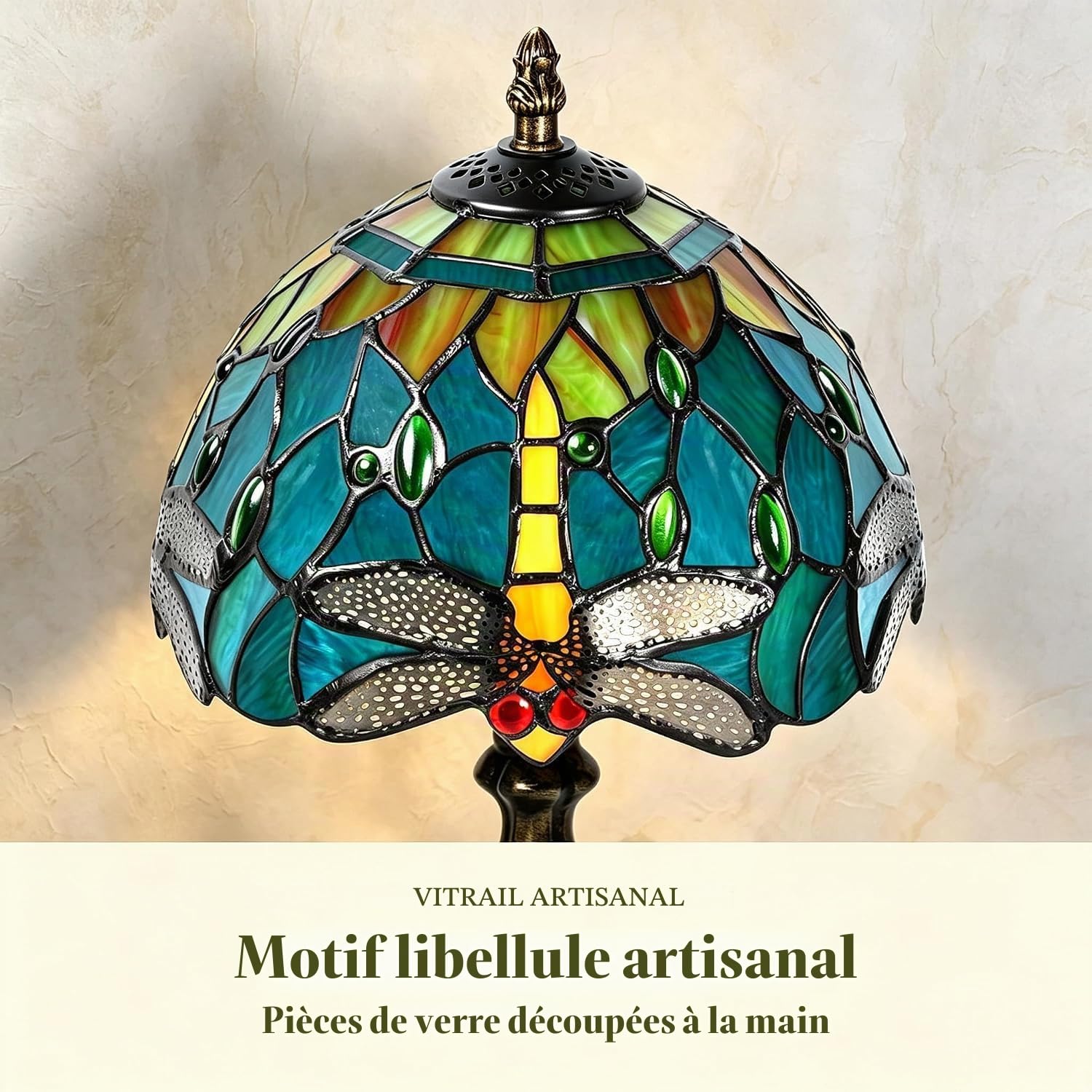 Stained Glass Lamp Vintage, Art Déco Convient(Eau Vert Libellule)