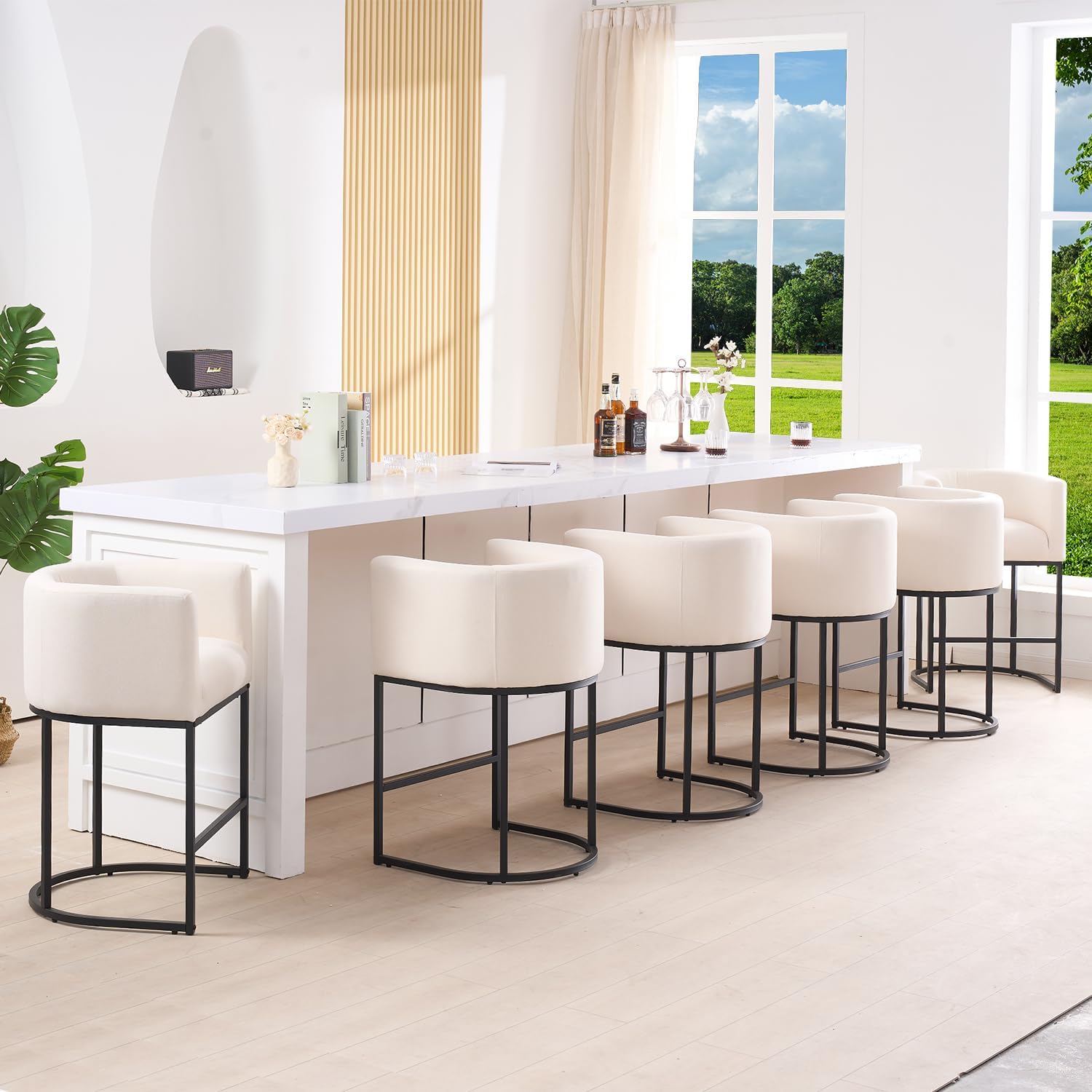 ClinQ 26" H Counter Height Bar Stools Set of 4, Modern Barrel Counter Stools with Backrest and Arms, Black Metal Frames,Fabric Upholstered Accent Barstools for Kitchen Island,Linen Color 4 Linen Color