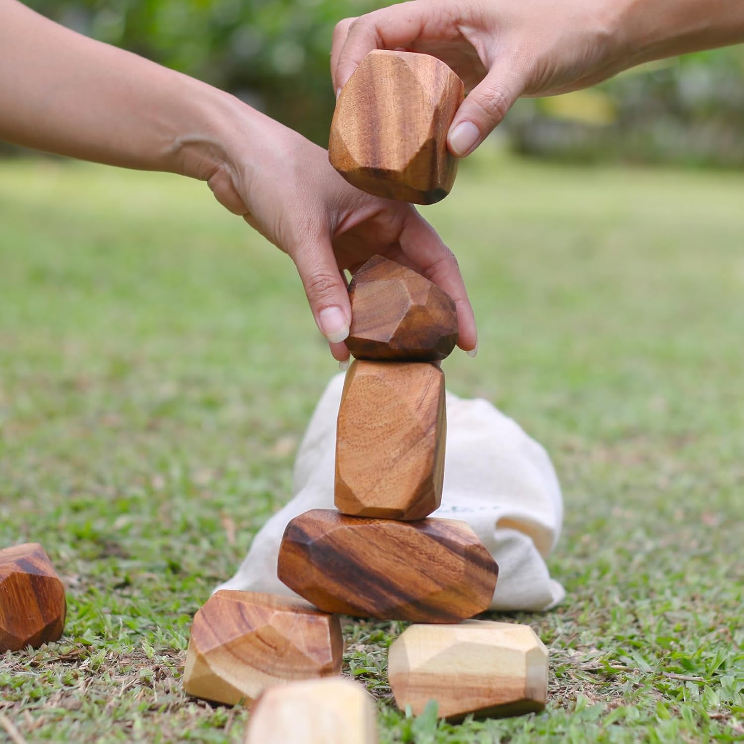 SiamMandalay 12 Pcs. Wooden Balancing Blocks: Handmade Meditative Educational Game Sensory STEM Toy Stacking Game Wood Balance Rocks Set (Tum ISHI) Montessori with Cotton Bag