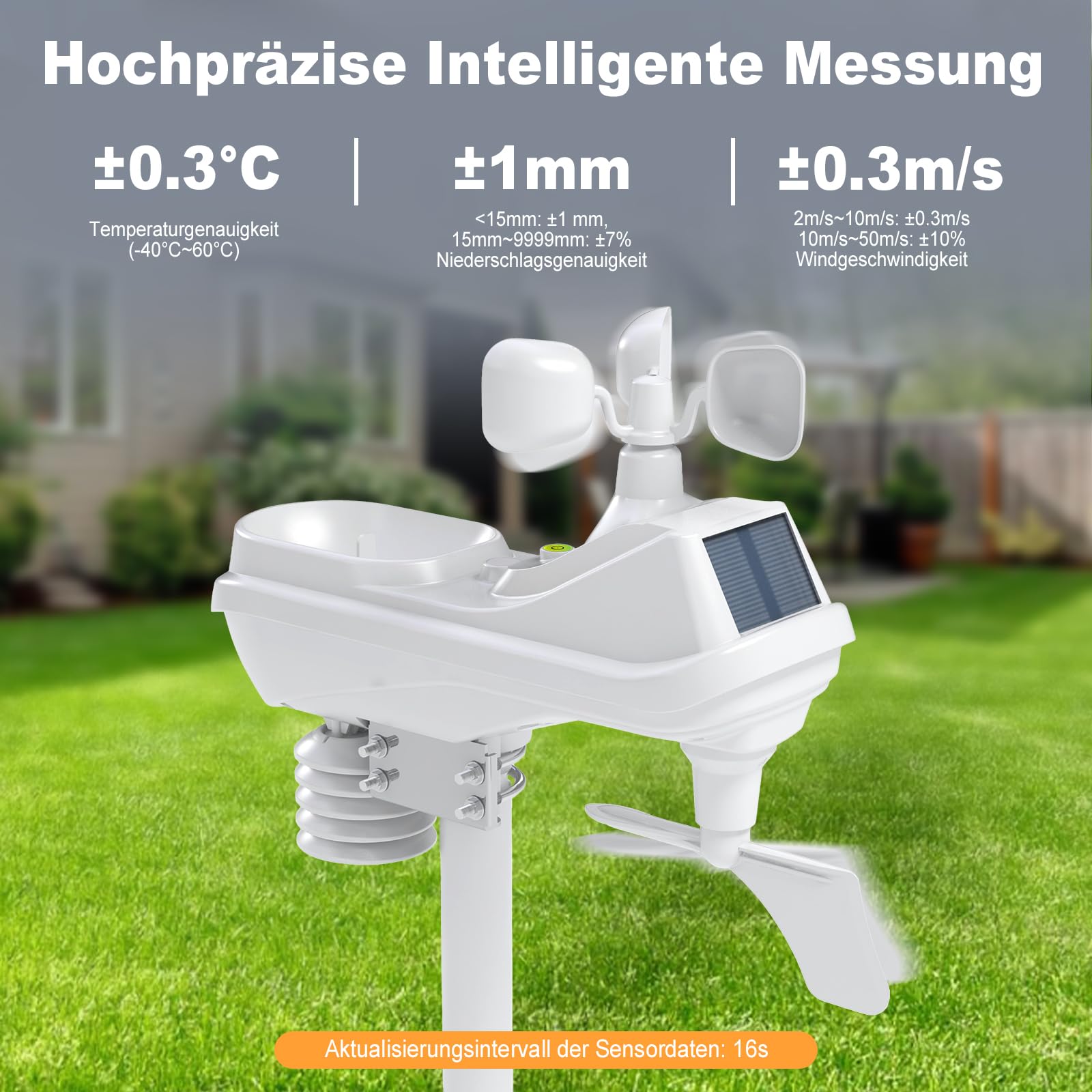 Urageuxy 7-in-1 Profi Wetterstation mit Regenmesser und Windmesser, Funk mit Außensensor, 7,6-Zoll Display, 150 Meter Reichweite, DCF-Uhr, PC-Software, Wettervorhersage