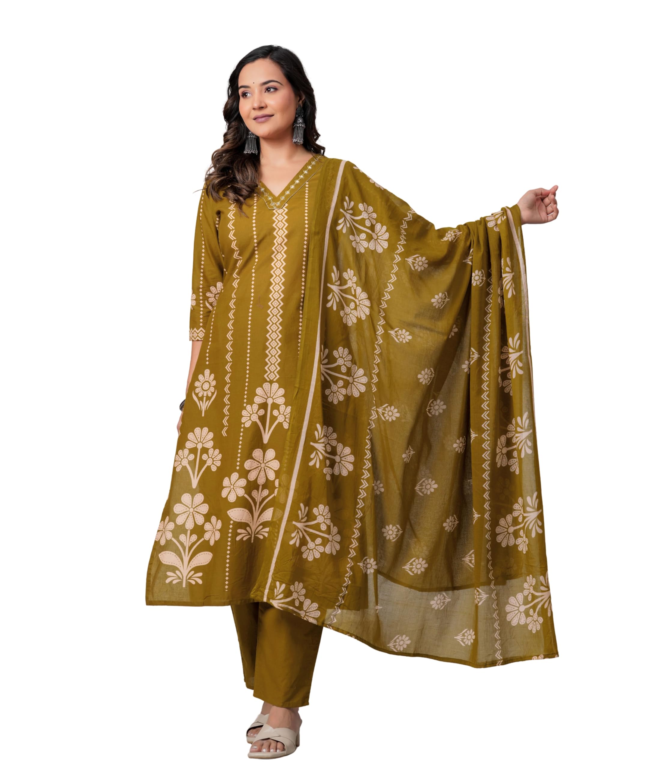 manharee Women's Cotton Printed Straight Mustard Green Kurta Pant with Dupatta Set-picture-43