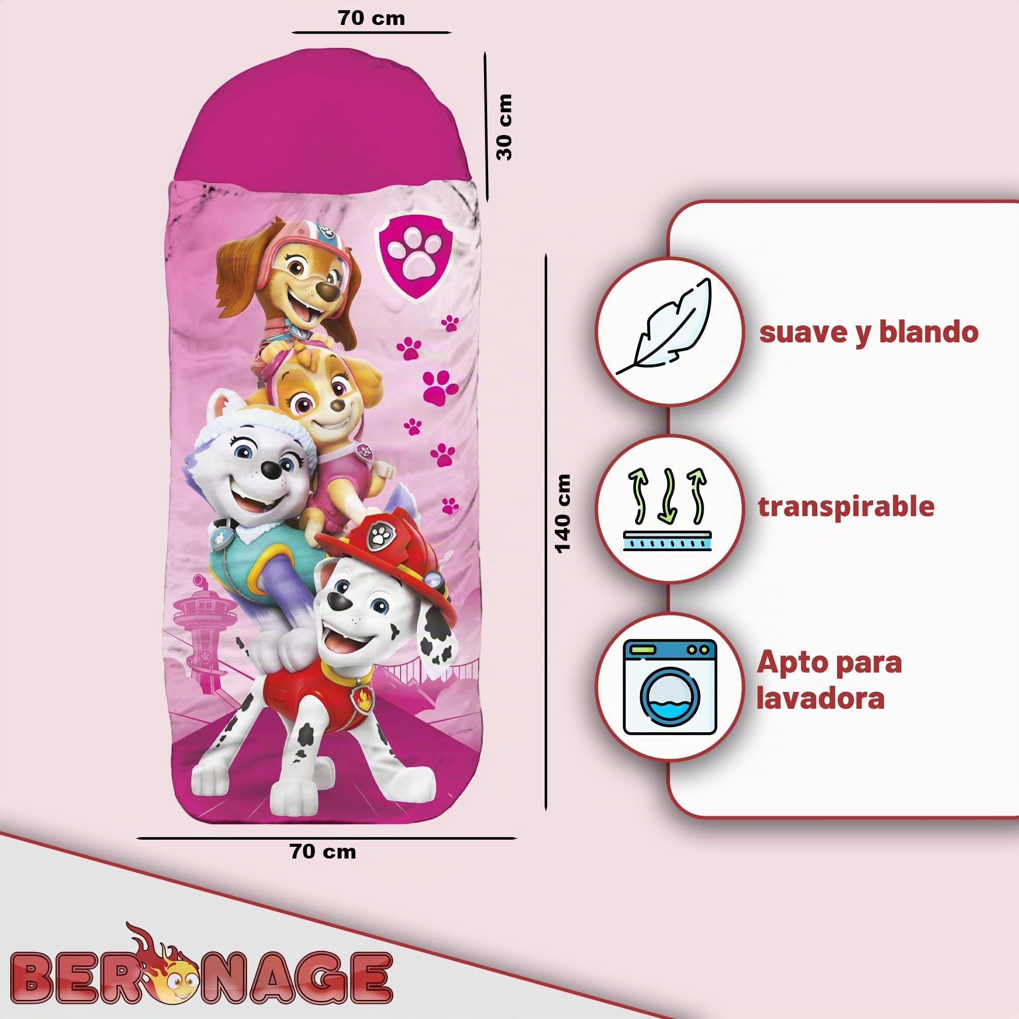 Saco de dormir infantil Paw Patrol – Rosa 140 cm + 30 cm (capucha) x 70 cm ideal para exteriores/interiores con Skye, Everest, Liberty, Marshall, saco de dormir momia para niñas y niños con cremallera