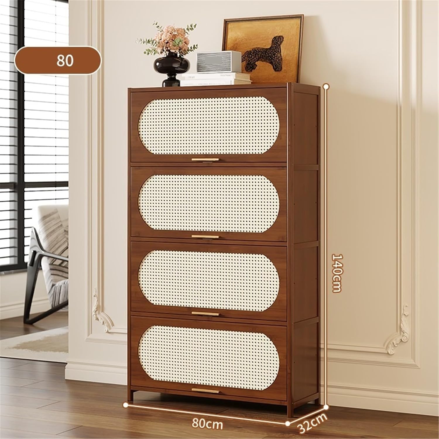 ビュッフェキャビネット 4段コーナーサイドボード（本棚付き）床置き収納 リビングルーム本棚 ディスプレイキャビネット