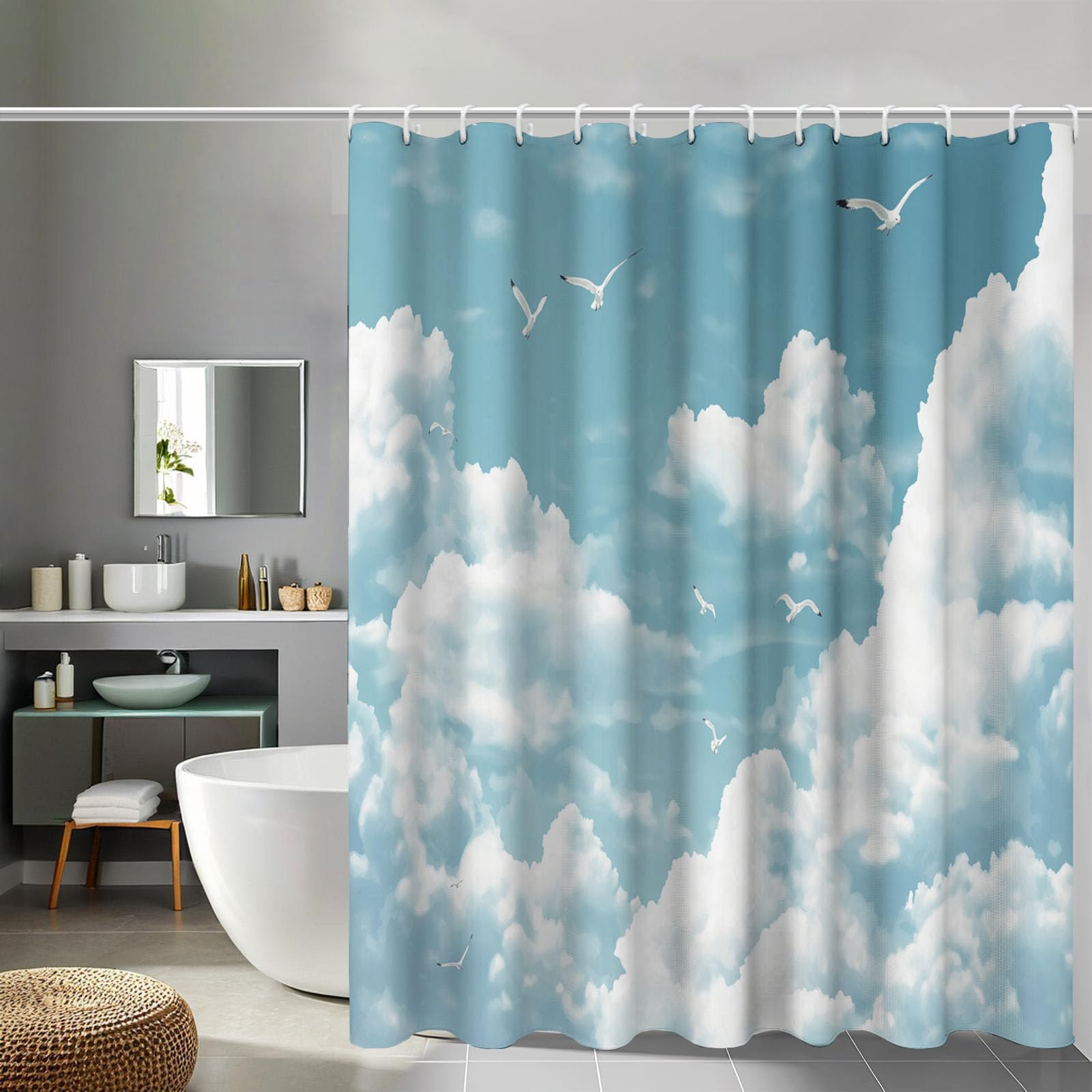 Rideau de douche ciel nuages en tissu haut de gamme pour baignoire 180x200