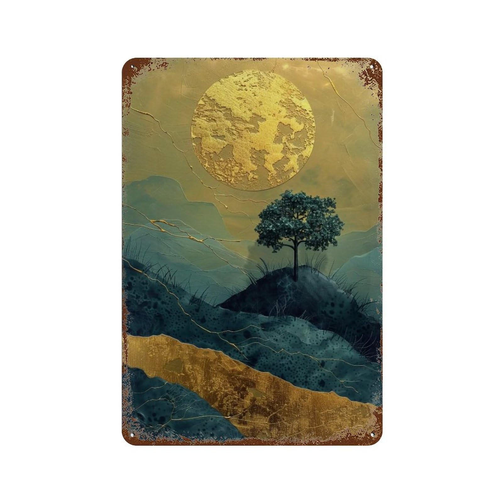 Wujhgrsg Style Teal Layered Papercut Gilded Moon Mountain Forest 02 Wall Art Retro Iron Vintage Metal Tin Sign Poster Modern Decor For Home Cofffee Club Bar Shop 30X20cm