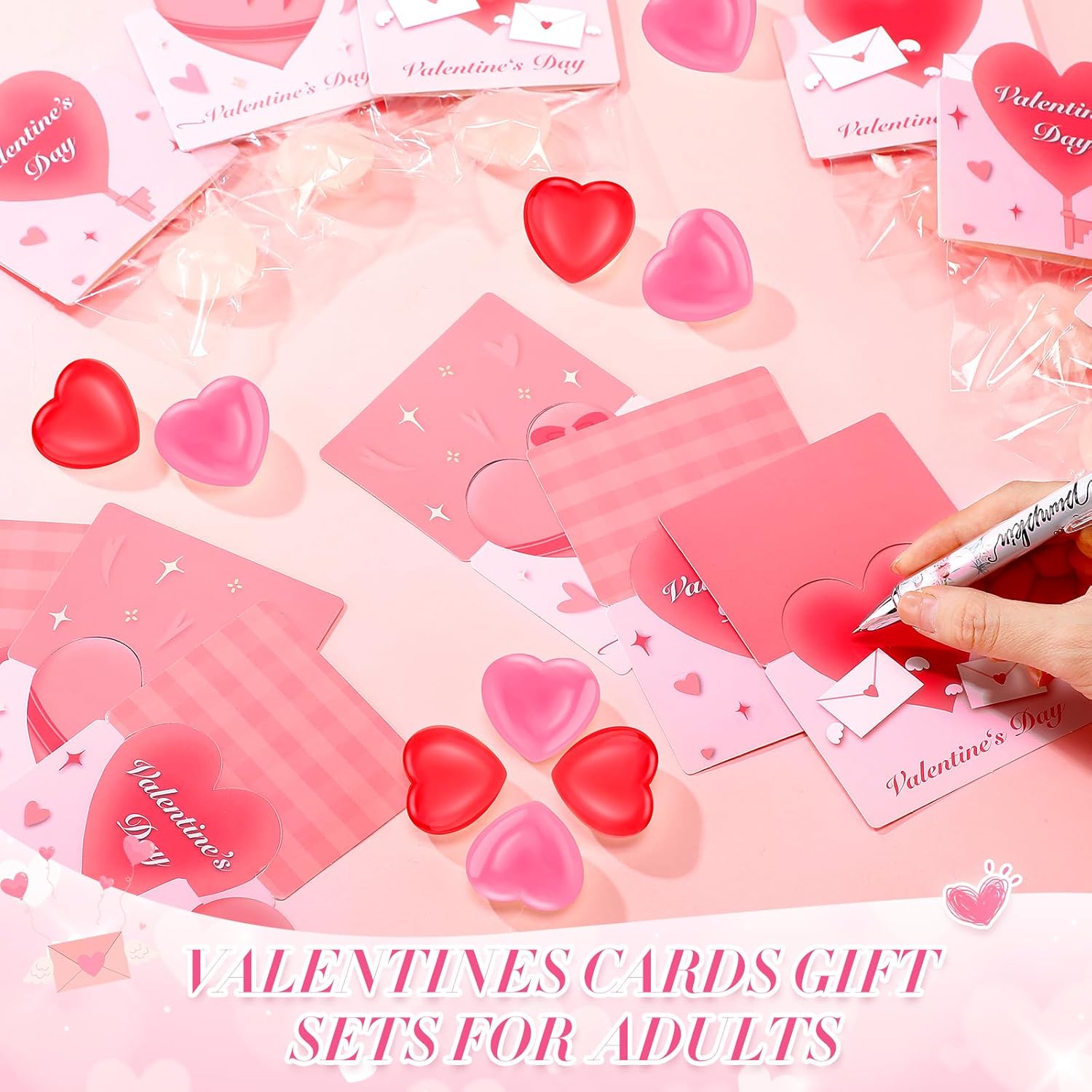 48 Pack Valentines Cards with Squeeze Heart Stress Ball Color Changing Fidget Sensory Squeeze Pink Greeting Cards Self-adhesive Bags Valentine's Gift Exchange Party Favors