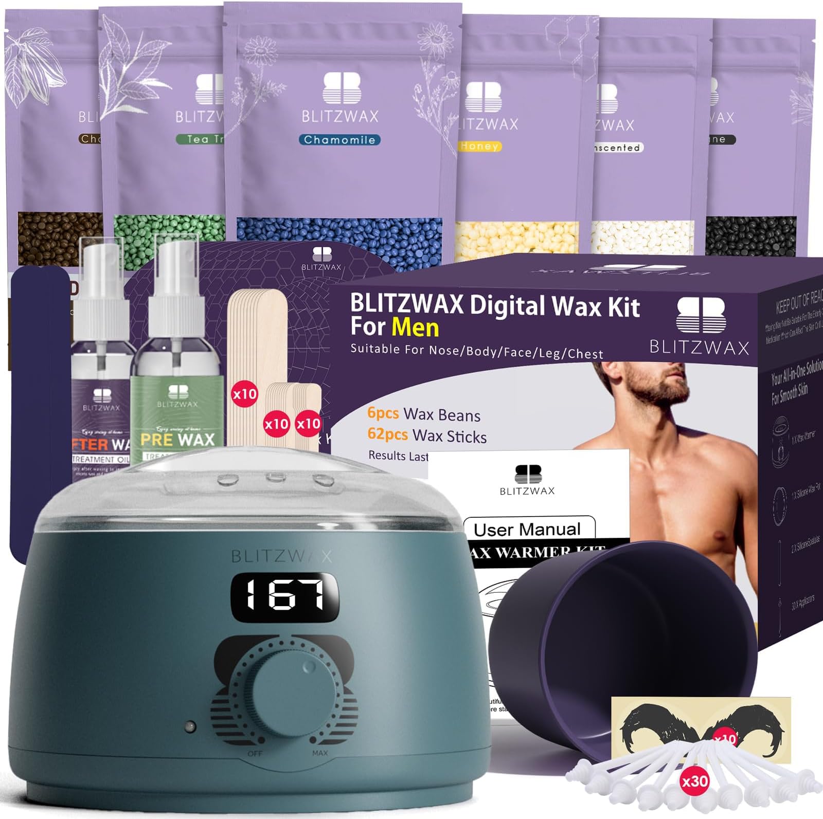 Back and Nose Waxing Kit for Men, Hard Wax Warmer for Brazilian, Body and Face, At Home Hair Removal Kit, Beginner Friendly, Quick Heating, 93 Accessories, Blue Spruce