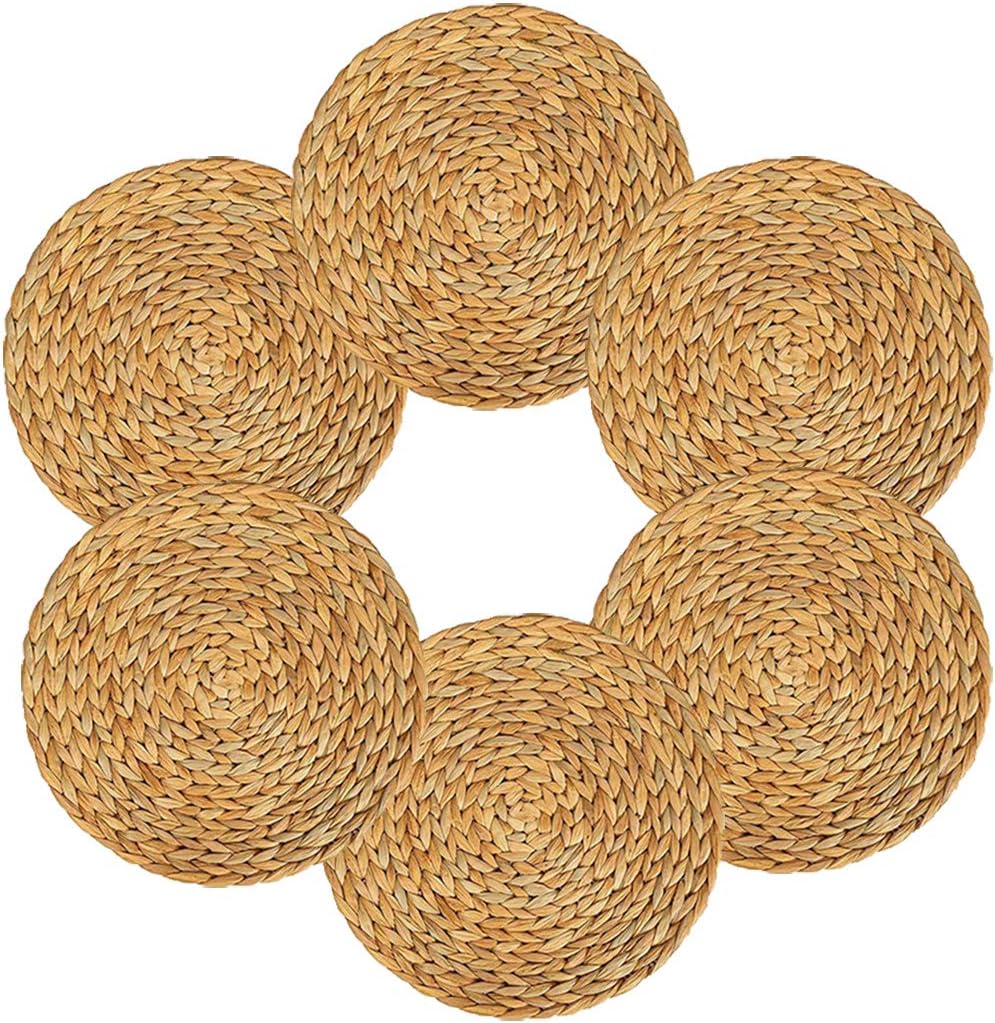 Round Woven Placemats Set of 6-13 inches Plate Chargers Natural Wicker Placemats Water Hyacinth Straw Braided Tablemats Rattan Tablemats Rustic Weave Placemats for Dining Table