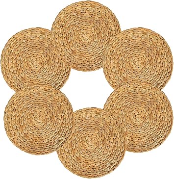6 Pack Woven Placemats, Natural Water Hyacinth Weave Placemat Set Round Braided Rattan Tablemats Insulation Pads for Cooking and Baking 6, 13.5 Inch
