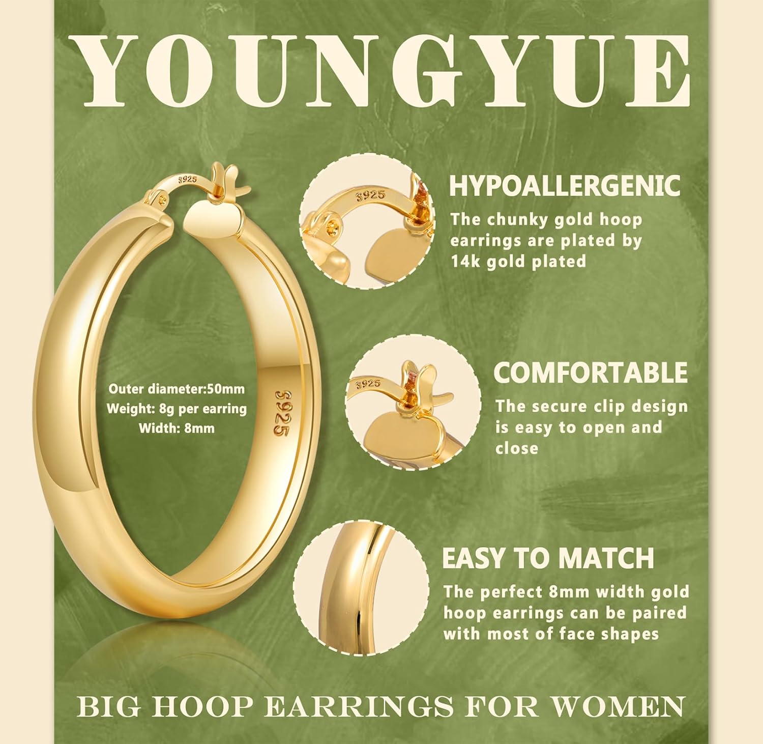 YOUNGYUE 8mm Wide Chunky Gold Hoops 14K Real Gold Plated Hypoallergenic 925 Sterling Silver Hoops Lightweight Big Gold Hoop Earrings for Women 30/40/50/60mm - Image 2