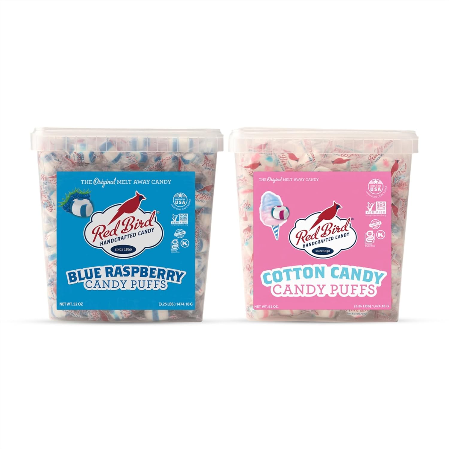 Red Bird Blue Raspberry and Cotton Candy Puffs, 52oz Tubs Snack Bundle, Individually Wrapped Candy Mints, Kosher, Gluten-Free, Great For Parties, Events, Gifting, Office, Church, Restaurants and More