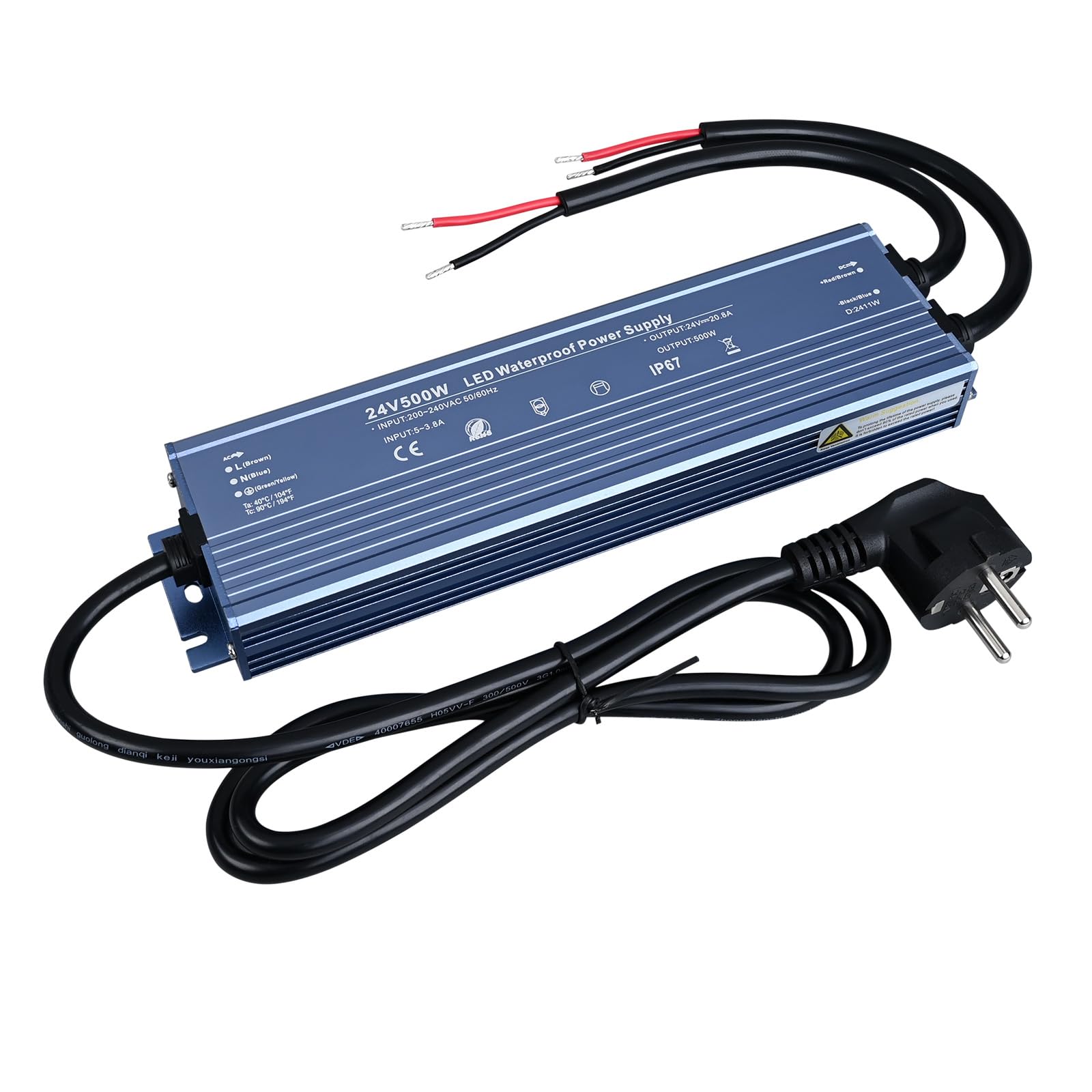 TOPAI Alimentatore 24V 500W CE IP67 Impermeabile, AC 200-240V a DC 24V 20.8A, per Illuminazione Professionale, Strisce LED, Proiettori, Faretto Esterno/Interno