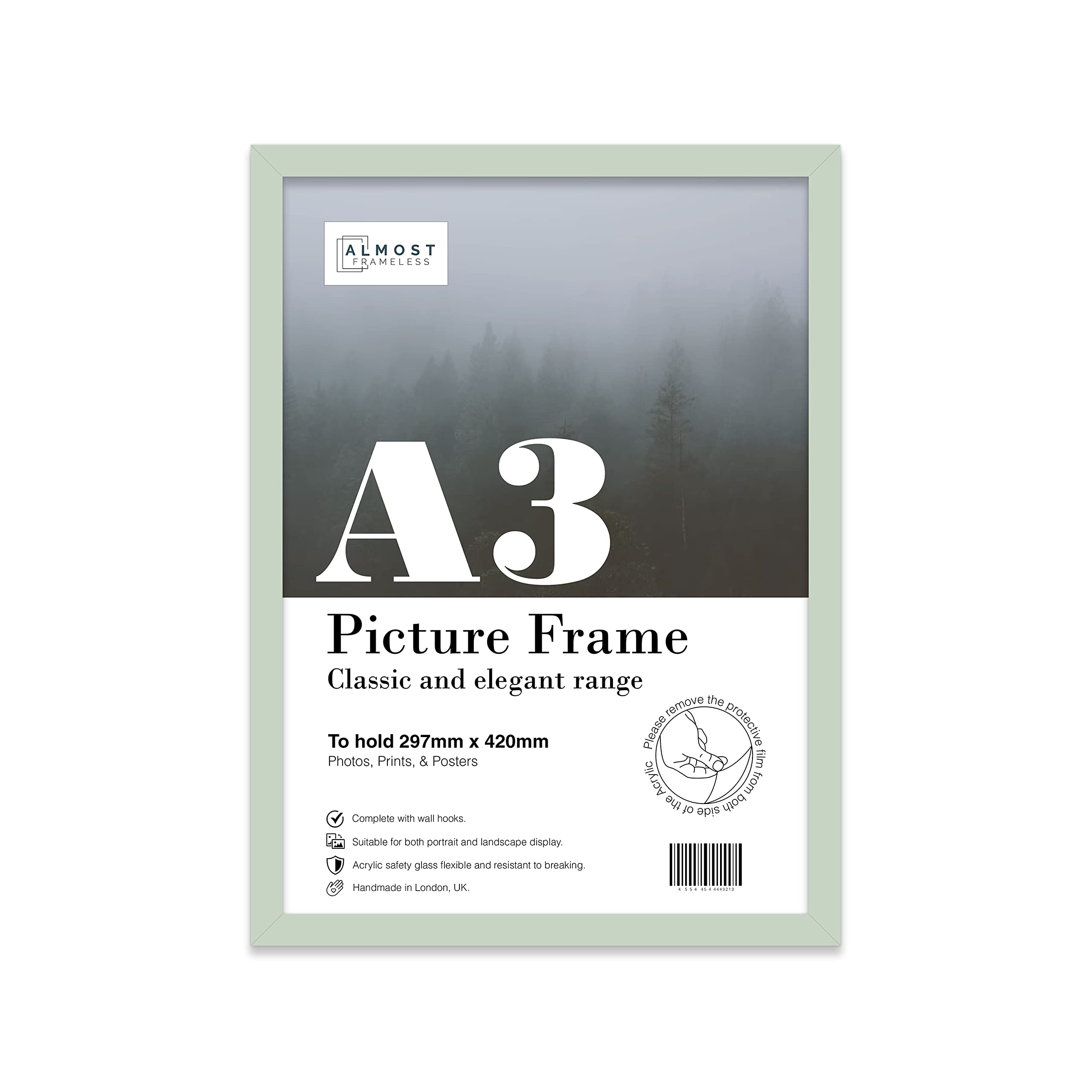 Almost Frameless A3 Mint Green Picture Frame Fits A3 (29.7 x 42cm - 11.7 x 16.5in) Poster, Photo, Artwork, or Print. Thin Edge Slim Frame Portrait and Landscape Display with Wall Hooks