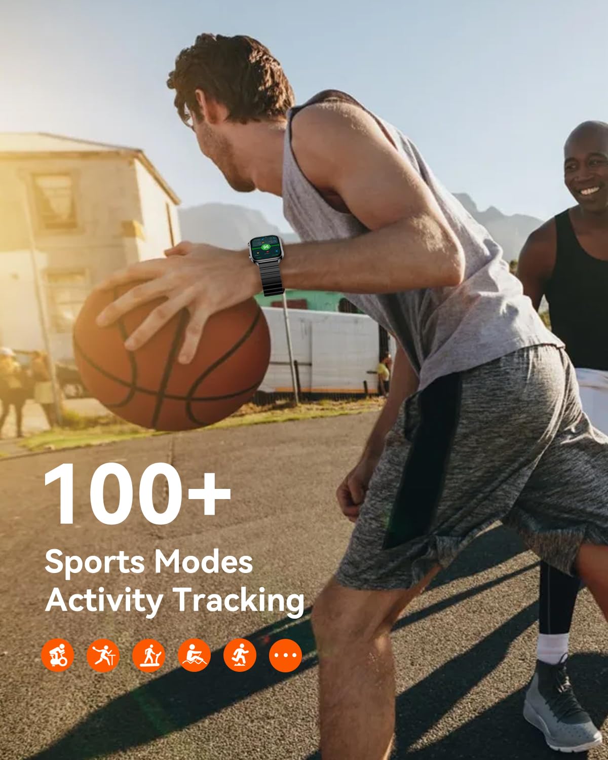 Man playing basketball with Kieslect Smart Watch S1, showing 100+ sports modes activity tracking