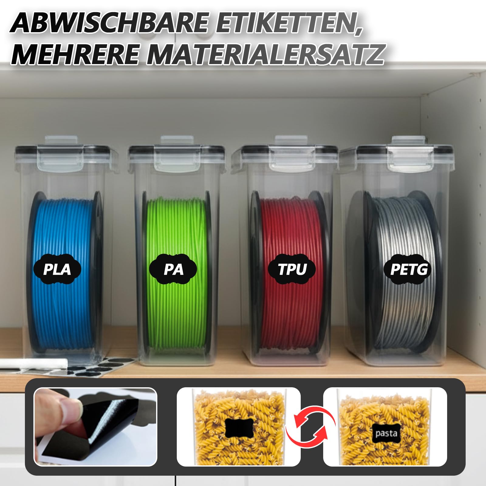 Scatola di conservazione con filamento per stampante 3D, 4 pezzi, per filamenti di stampa 3D, per sigillare e proteggere, 4,0 l, portatile con etichette, acqua e antipolvere per PLA PETG ABS...
