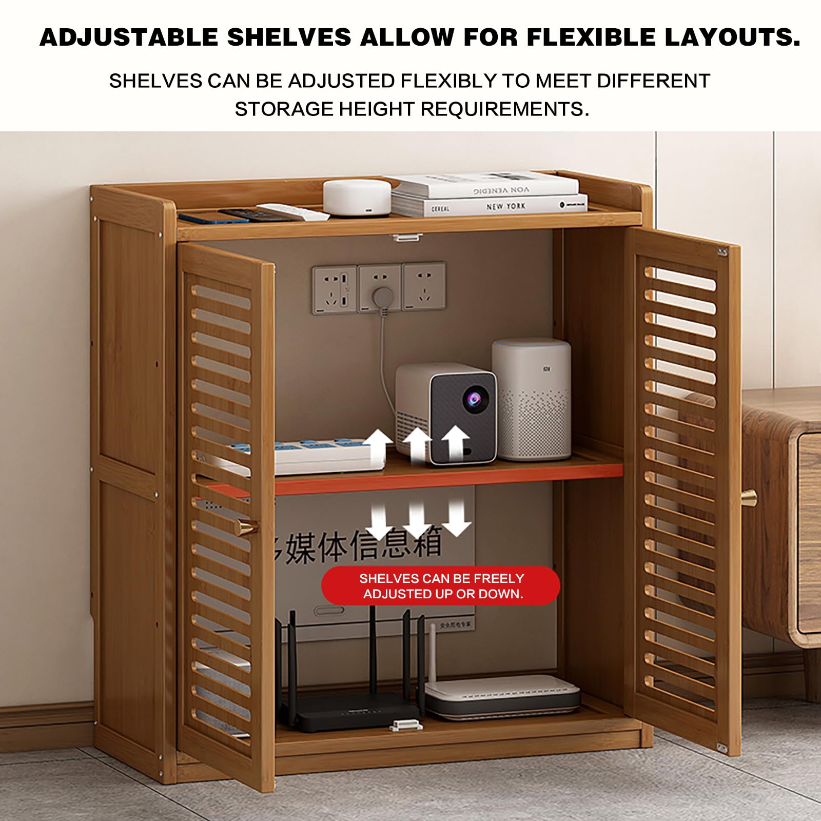 Armoire de rangement murale en bois pour routeur WiFi - Modem décoratif et boîte à câbles - Forte capacité de charge - 59 x 25 x 67 cm - Parfait pour la maison et le bureau - Noir