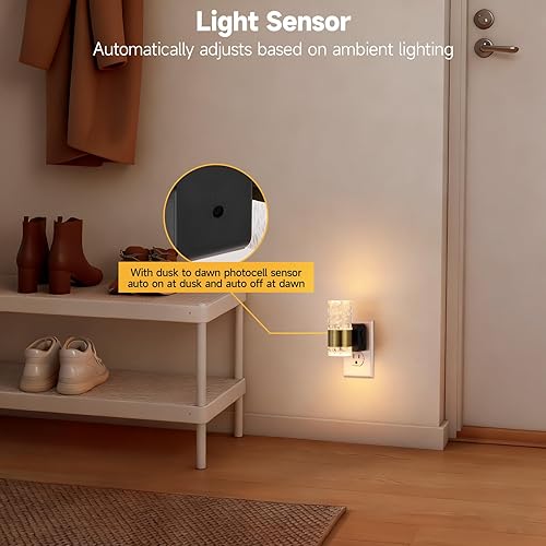 Miniatura 6 de Luz nocturna LED regulable con sensor de atardecer a amanecer, brillo ajustable de 0 a 100 lúmenes, anillo dorado acrílico de 3000 K, para baño,