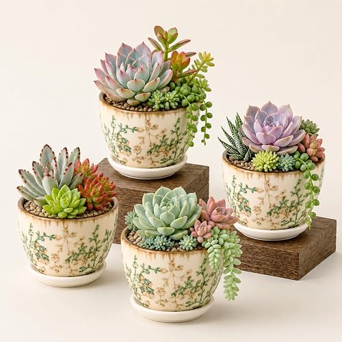 Ceramic Plant Pots, Nursery Pots with Drainage Hole, 3.5 Inch Succulent Pots for Plants, Small Indoor Flower Pots, Modern Decorative Planters for House Plants, Garden Planters, White Green
