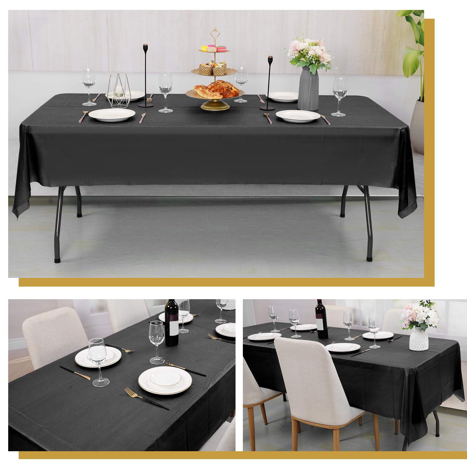 10 paquetes de manteles desechables de plástico negro para mesa rectangular de 137 cm x 274 cm, manteles premium para fiestas en interiores o exteriores, cumpleaños, bodas, picnics, decoración.