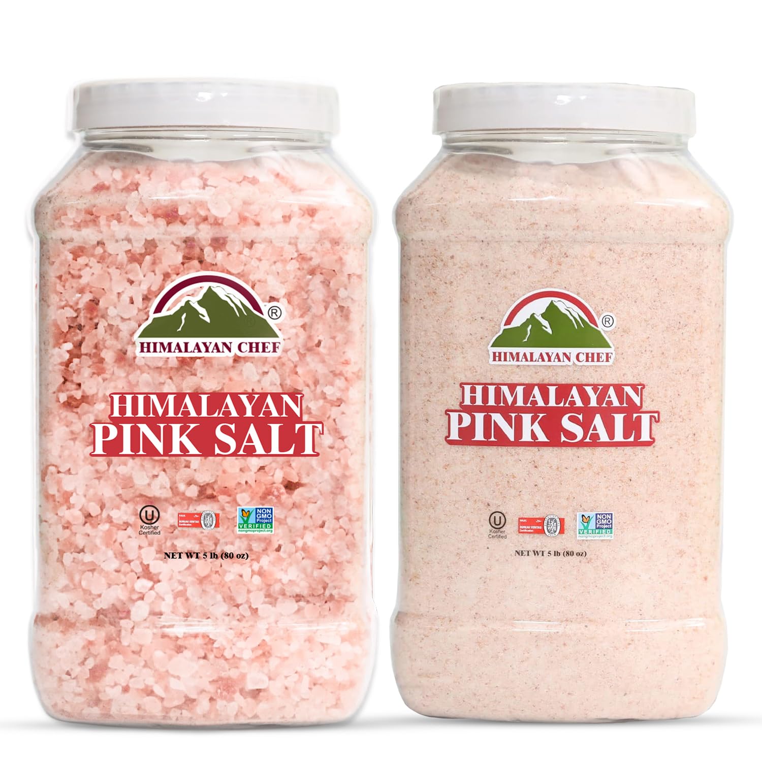 Himalayan ChefPink salt, Coarse Grain and Fine Grain, plastic jar- 5 lbs, Supreme quality, 100% Natural, Pack of 2