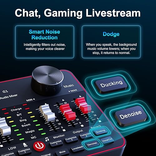 Miniatura 5 de Paquete de micrófono para podcast con mezclador de audio de tarjeta de sonido en vivo, paquete de equipo de podcast con dos micrófonos de