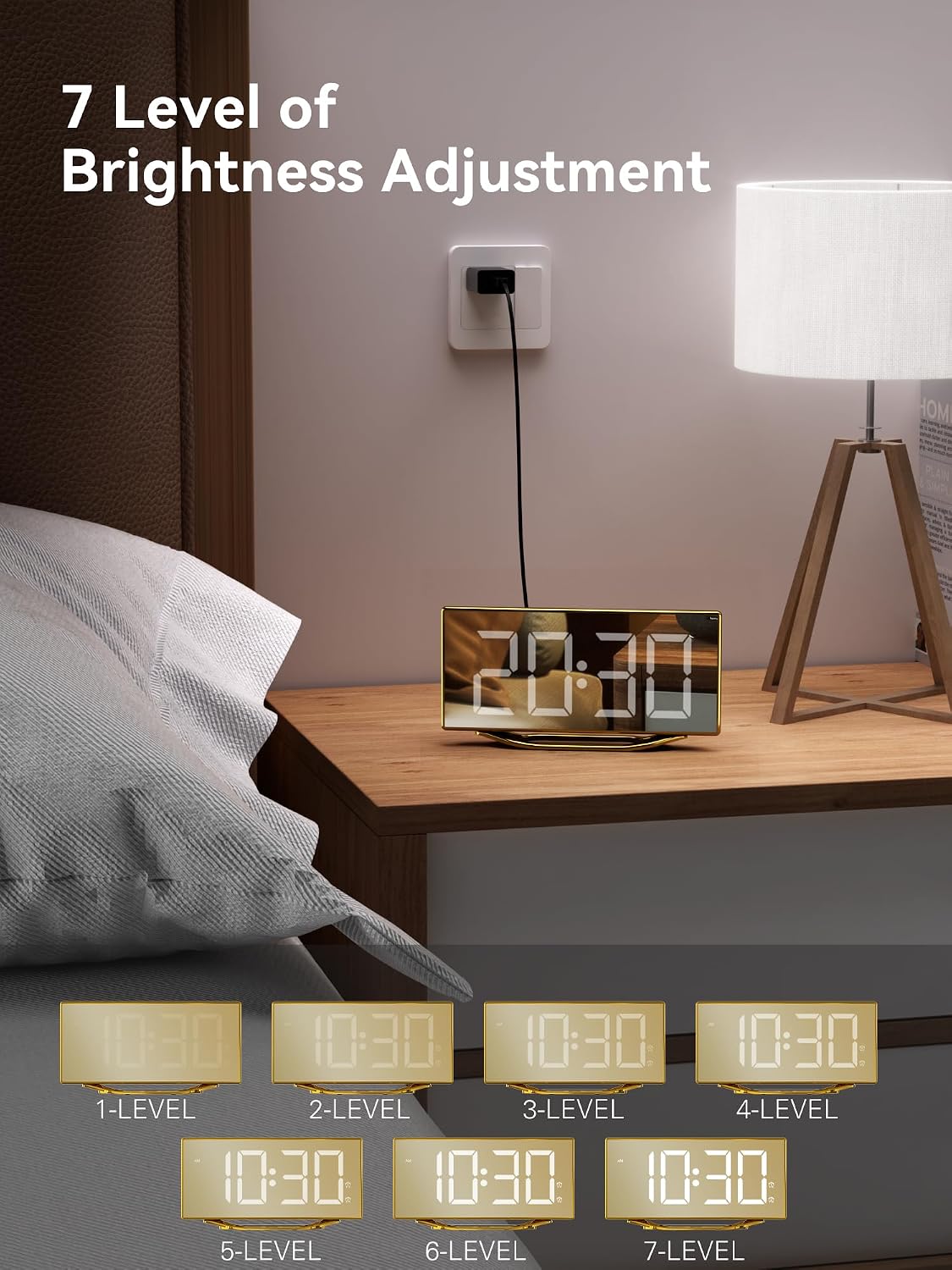 Digital Alarm Clock for Bedrooms, Slim LED Desk Clock with Gold Mirror Finish, 7 Levels Brightness, Dual USB Ports, Snooze, 12/24H, 8.7" Large Display Modern Bedside Clock for Home Office Decor