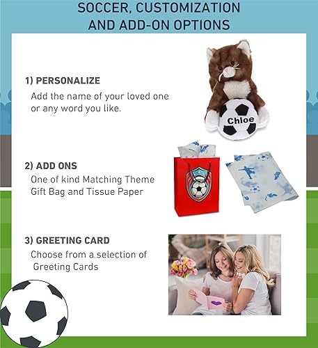 Miniatura 2 de DolliBu Animal de peluche marrón con pelota de fútbol – Gato de felpa suave para abrazar, adorable juguete de peluche, lindo regalo de vida de