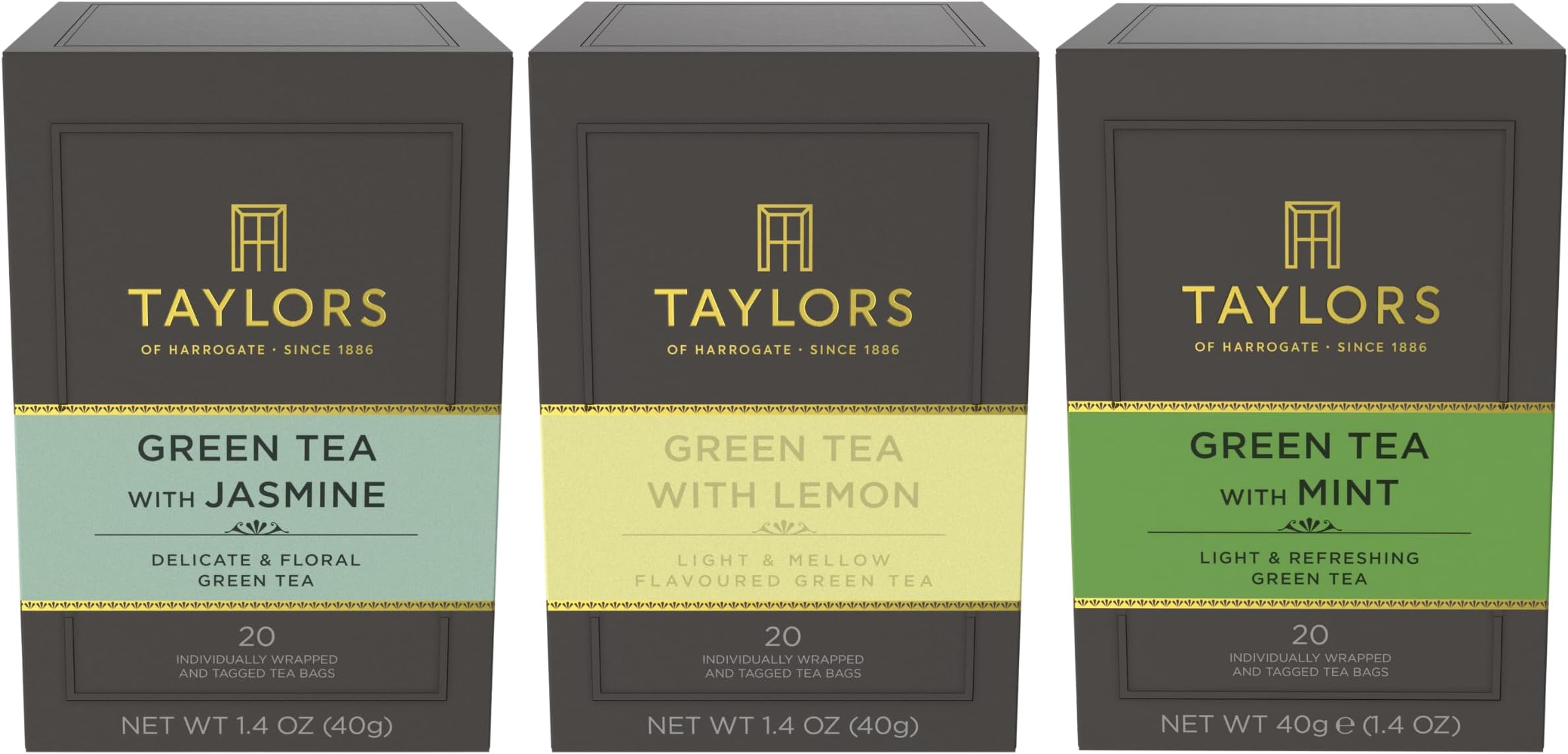 Green Tea Variety Pack, Individually Wrapped Bags, Jasmine, Lemon, Mint 20 Count (Pack of 3), Caffeinated, Enjoy Hot or Iced, 60 Teabags