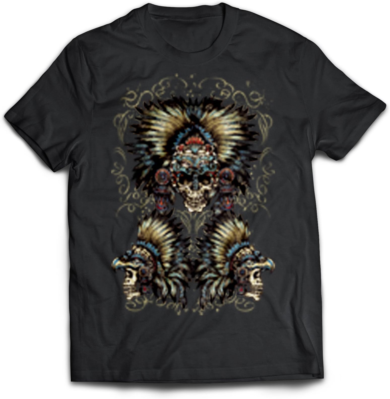 Phantasmic Arts Men's Native American Aztec Skulls Design Premium Crew Neck Tee T-Shirt (2XL, Black) Apparel