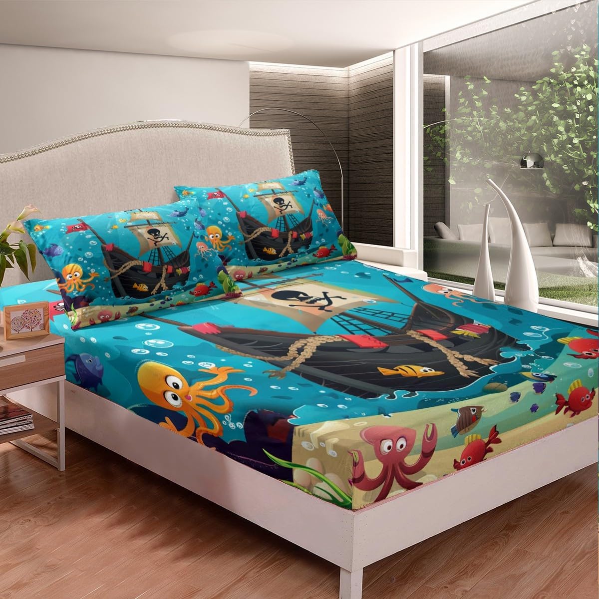 Castle Fairy Cartoon Pirate Ship Fitted Sheet Twin Size Marine Adventure Bedding Set Girls Boys Kids Underwater Fish Bed Cover Cute Octopus Jellyfish Bed Sheet,1 Pillowcase(No Flat Sheet)