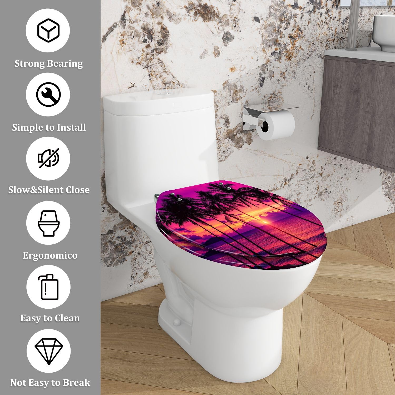 Elongated Toilet Seat Coconut palm trees tropical island beach colorful sunset Resin Toilet Seat Quietly Close Quick Release Hinges Decorative Toilet Seat with Cover Easy to Install