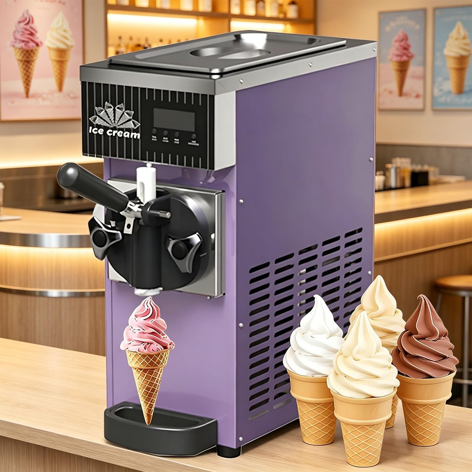 PioMue 4–5 Kg/H Single Flavor Commercial Soft Ice Cream Machine, 450W Soft Serve Ice Cream Maker, Auto Clean, for Home Snack Bar,Cafés and Milk Tea Shops PhantomPurple