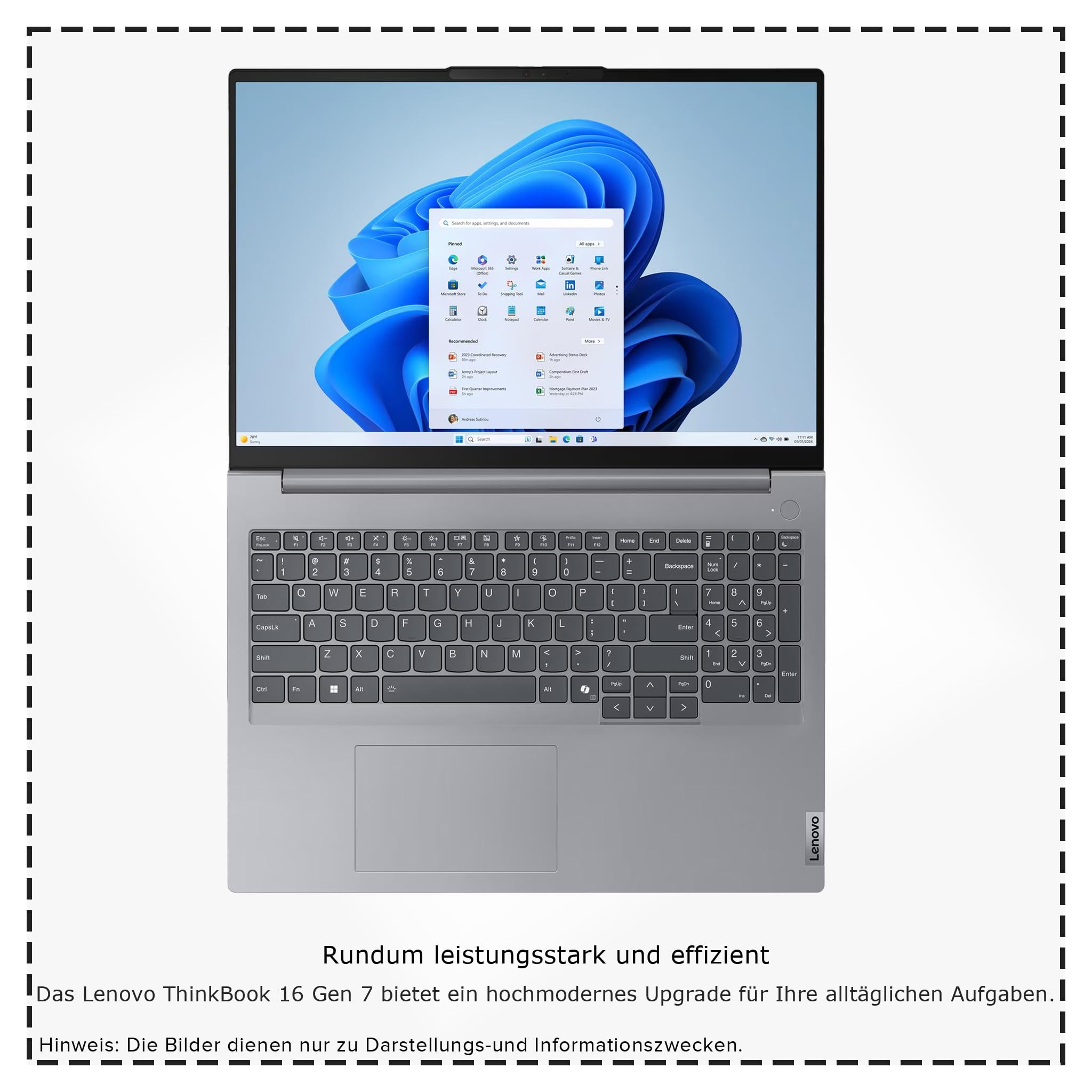 Lenovo ThinkBook 16 G7 ARP Business Laptop, AMD Ryzen 5-7535HS, 16 GB DDR5 RAM, 512 GB PCIe SSD, 16" WUXGA Display, AMD Radeon 660M Graphics, Deutsches Tastatur-Layout, Windows 11 Pro, Arctic Grey
