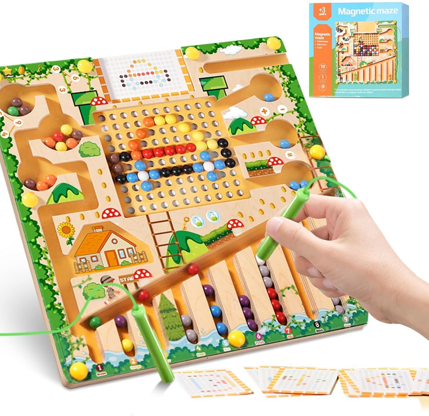 Magnetic Bead Maze Game for Kids – Wooden Montessori Learning Toy with Magnetic Stylus, Counting & Color Recognition, Fine Motor Skills, Focus & Problem Solving, Mess-Free Travel Board (BIG)