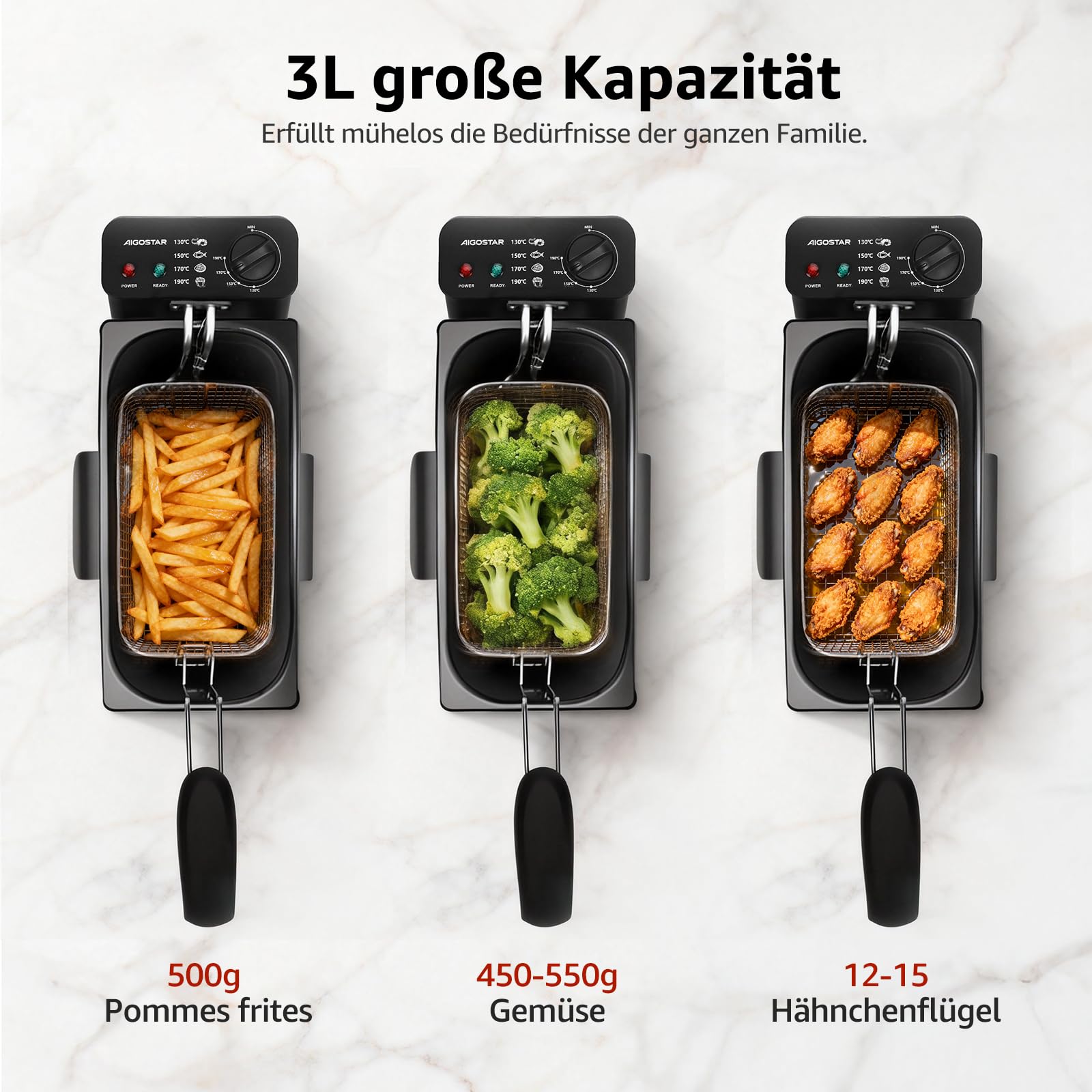 Aigostar Ushas - Fritteuse 3L, 2200 W, Transparenter Deckel, Herausnehmbare Innenpfanne, Einstellbarer Thermostat, Wedelstahl, BPA-frei