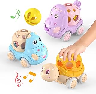Baby Car Toy for 12 18 Months, Rattle and Roll Soft Rubber Vehilces for 1 2 3 Year Old Toddlers, 3 PCS Push and Go Friction Powered Cars, First Ideal Early Educational Gift for Girls Boys