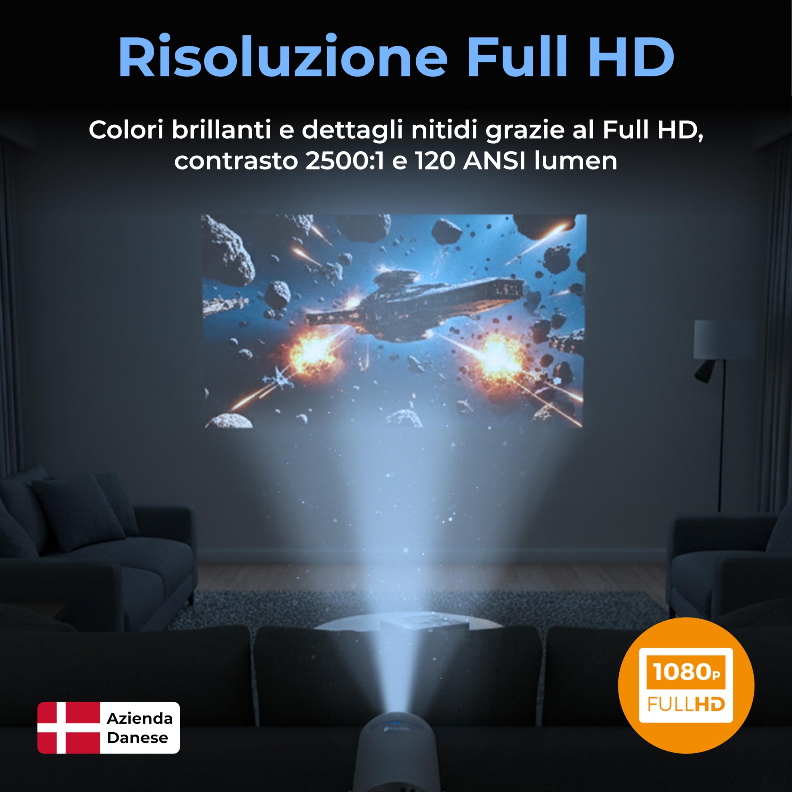 DENVER PR-1500 Mini proiettore LED con 120 ANSI lumen, supporta HD 720p, HDMI, USB e Bluetooth, proiettore home cinema portatile fino a 120 pollici, proiettore video compatto per film e giochi
