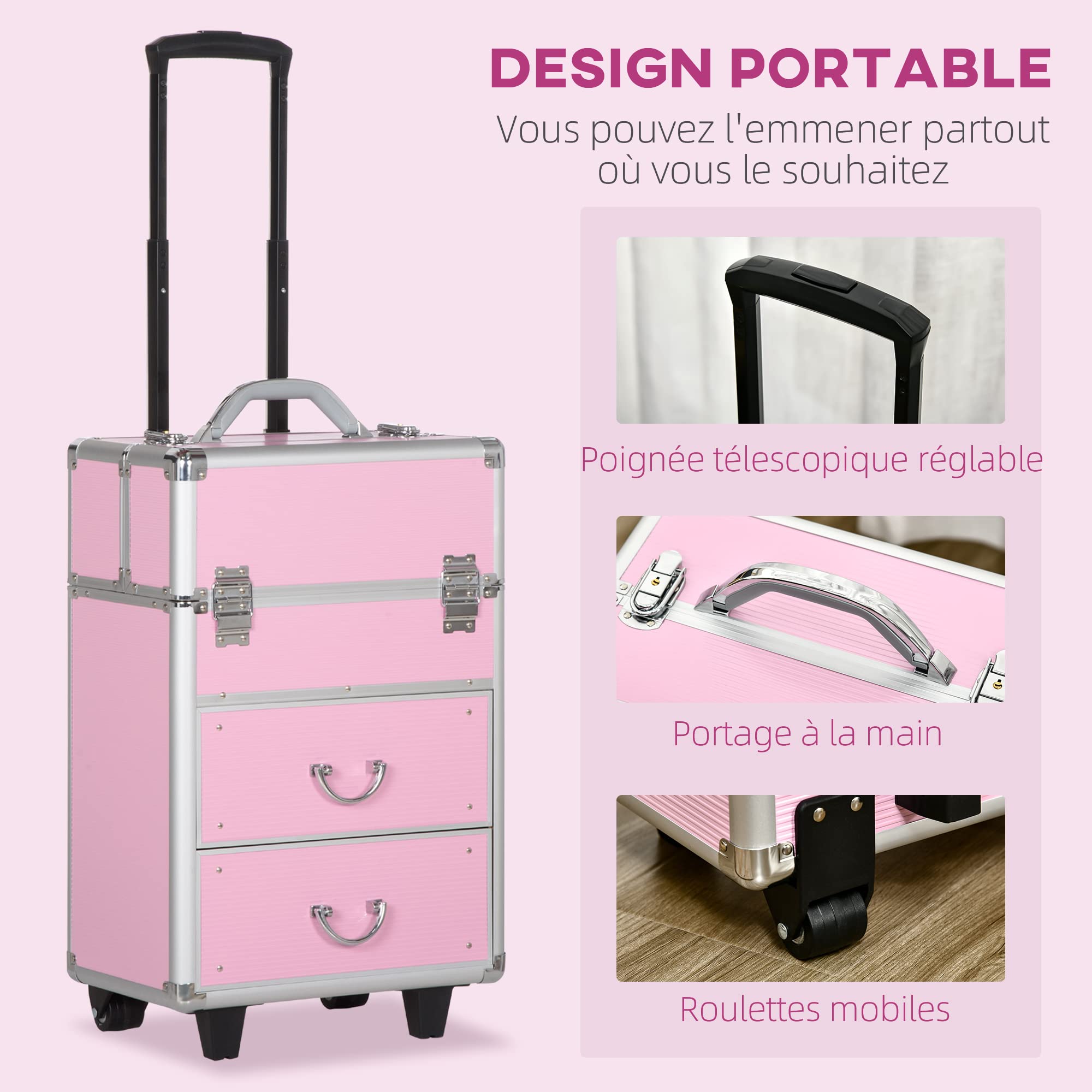HOMCOM Walizka na wózek do makijażu kosmetyczka Vanity regulowany uchwyt teleskopowy alu. ABS, Różowy, 36x23x58cm, Walizka na kółkach do makijażu