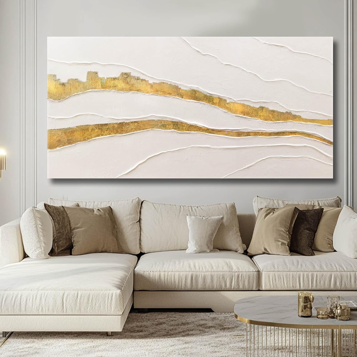 VAYIMDH Canvas Abstract Art White Large Wall Decorations for Living Room Gold Foil Abstract Wall Hanging Oil Painting for Office 29"x 58" Home Decor - Image 7