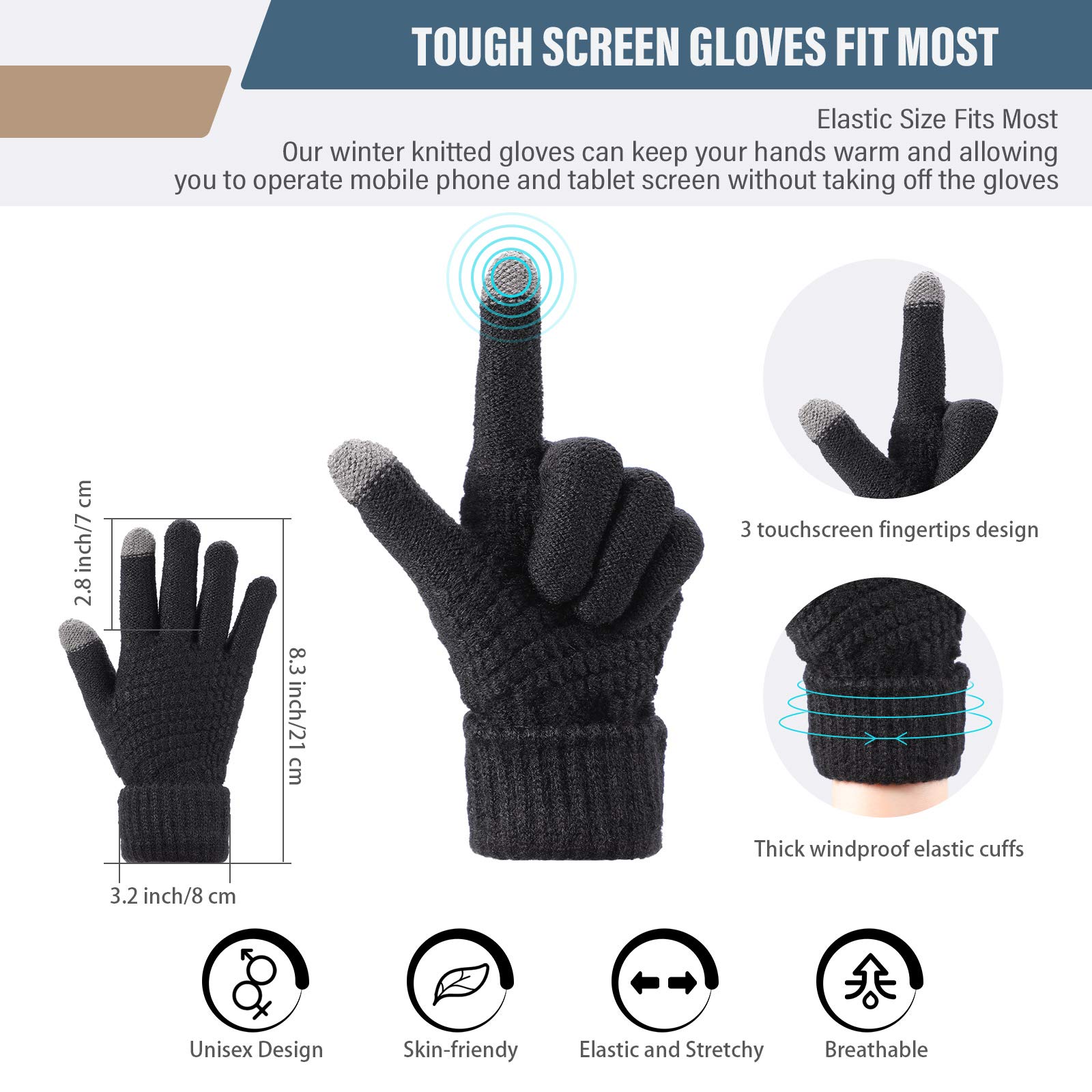 Gorro de punto de invierno, calentador de cuello, guantes para pantalla táctil, gorro de punto de forro polar, bufanda con bucle circular, guantes de punto para hombres y mujeres, Colores sencillos 3