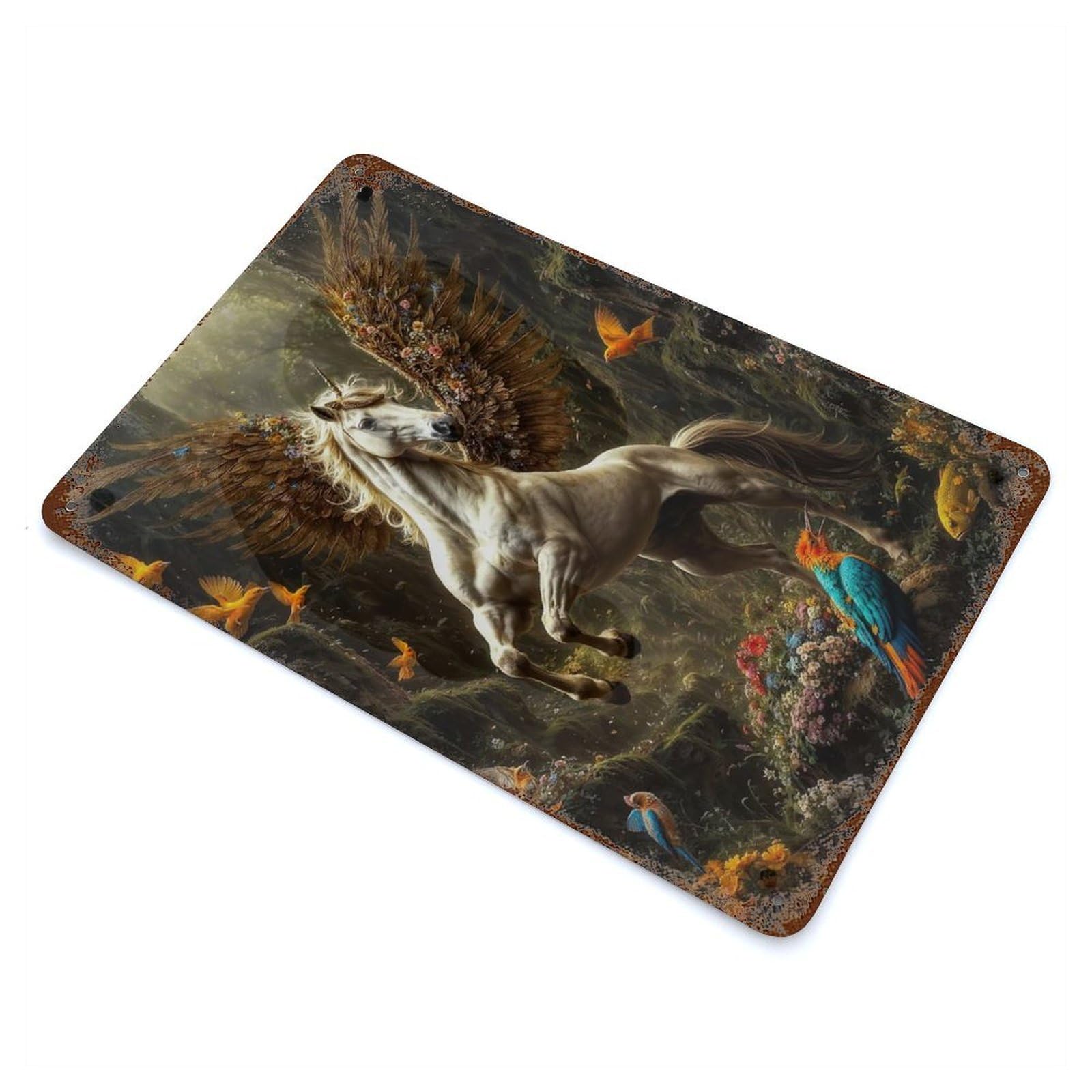 Magic Winged Unicorn in Forest Rust Effect Tin Sign 11.8"x7.9", Rustic Home Decor for Garage, Bar And Workshop Decor