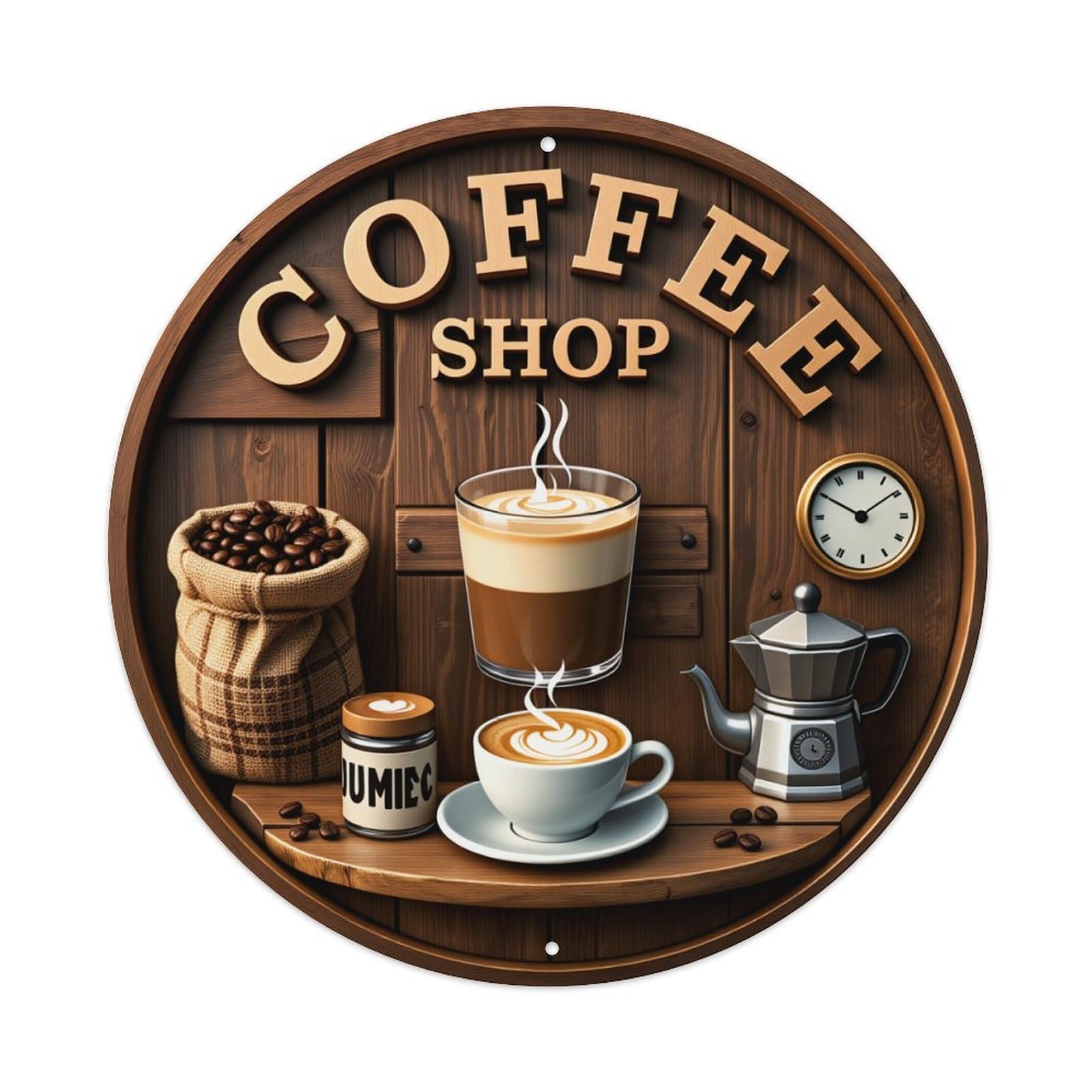 Coffee Shop Sign Artwork Round Tin Sign Vintage Metal Poster, Home Bar Garage Man Cave Cafe Indoor & Outdoor Wall Decoration 8x8Inches