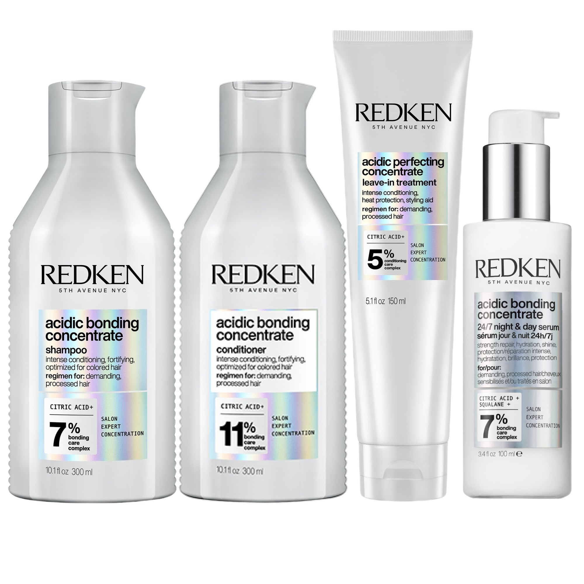 REDKEN - Routine Réparatrice - Shampoing + Après-Shampoing + Soin Sans Rinçage + Sérum - Renforce & Protège La Couleur - Sans Sulfates - Acide Citrique - Cheveux Abîmés - Acidic Bonding Concentrate