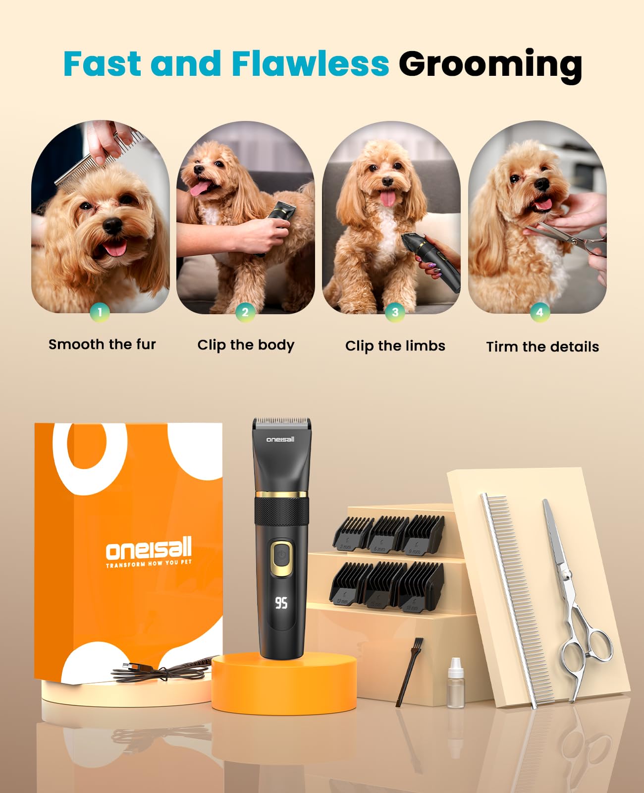 oneisall Silencioso Maquina cortar pelo Perros Mejorada Pro, Profesional Cortapelos Perros Gatos 2000mAh Recargable, IPX7 Impermeable Maquina de cortar pelo barboncini