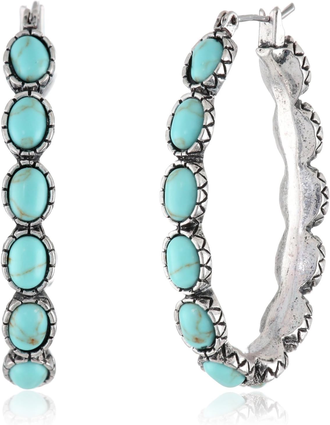 Lucky BrandSilver-Tone and Faux Turquoise Hoop Earrings