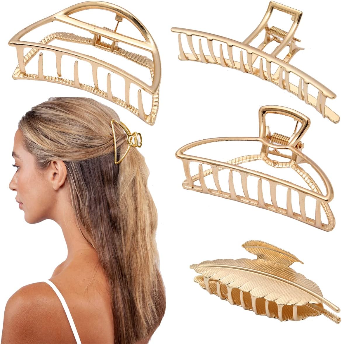 Krelin Large Metal Hair Claw Clips - 7Cm Nonslip Big gold hair clamps Perfect Jaw hair clamps for Women and Thinner, Thick hair styling,Strong Hold Hair,Fashion Hair Accessories (Clip4-02)