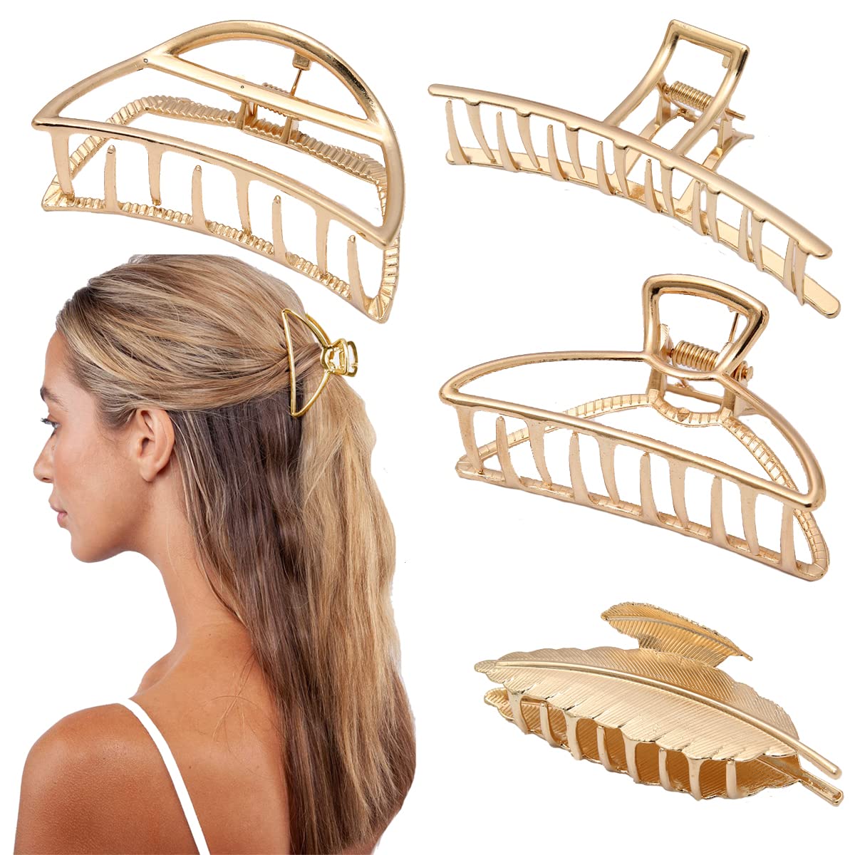 Krelin Large Metal Hair Claw Clips - 7Cm Nonslip Big gold hair clamps Perfect Jaw hair clamps for Women and Thinner, Thick hair styling,Strong Hold Hair,Fashion Hair Accessories (Clip4-02)