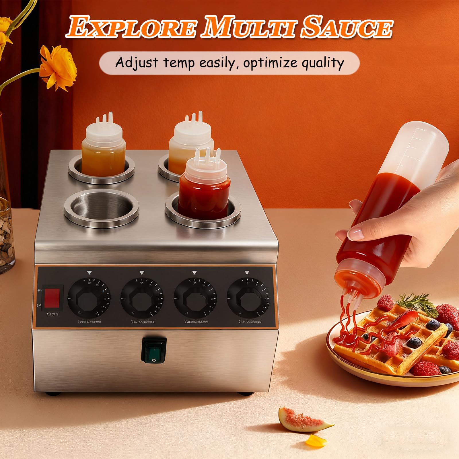 Scalda Salse Professionale, Scaldabottiglie Elettrico A Pressione Da 640 W Con 4 Flaconi A Pressione, Temperatura Regolabile Da 30 A 85 °c, Dispenser Per Marmellate E Cioccolato In Acciaio Inossidabil