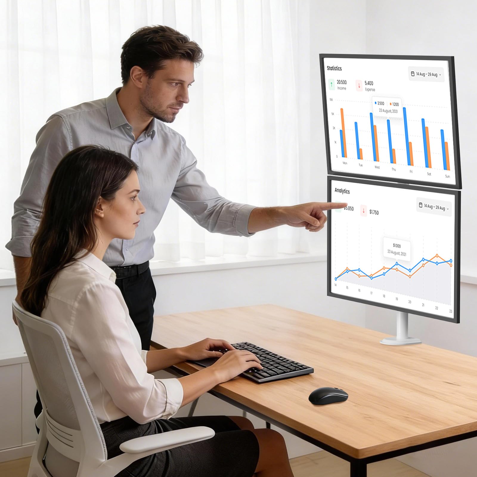 Supporto Doppio Monitor - Asta Extra Alta 80 cm per 2 Monitor 17-32" (fino a 9kg per braccio) VESA 75/100 - Braccio Orientabile, Inclinabile, Ruotabile - Impilamento Verticale